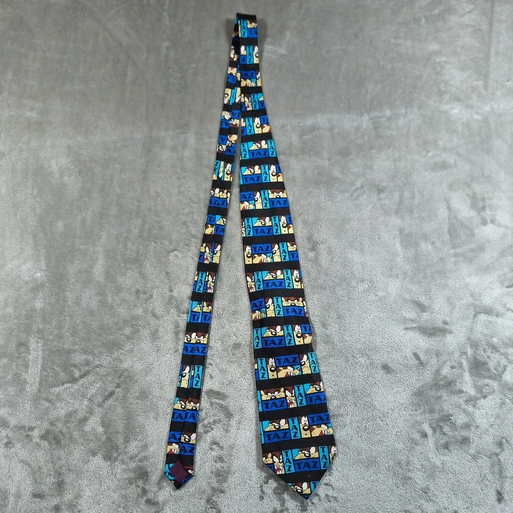 Vintage‎ Tazmanian Devil Tie Mens Black Blue Silk Made Korea 90s Warner Bros New